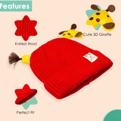 Knit Woollen Cap Winter Beanie 3D Reindeer Antler Red