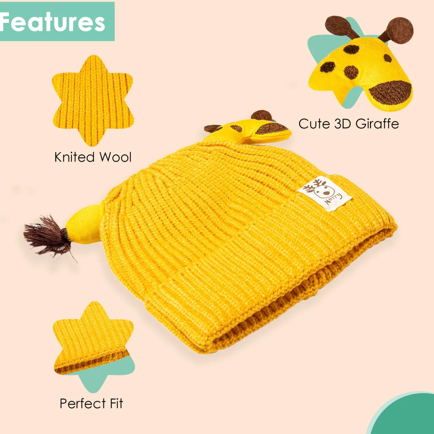 Knit Woollen Cap Winter Beanie 3D Reindeer Antler Yellow