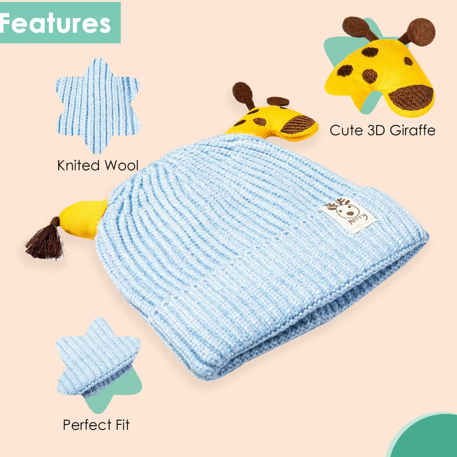 Knit Woollen Cap Winter Beanie 3D Reindeer Antler Blue
