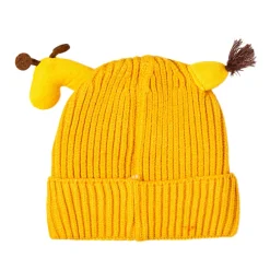 Knit Woollen Cap Winter Beanie 3D Reindeer Antler Yellow