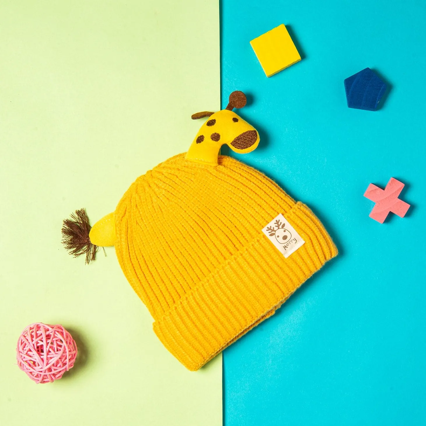 Knit Woollen Cap Winter Beanie 3D Reindeer Antler Yellow