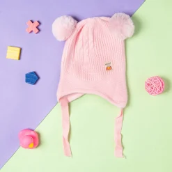 Knit Woollen Cap With Tie Knot For Ear Protection Solid Light Pink