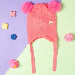 Knit Woollen Cap With Tie Knot For Ear Protection Solid Pink