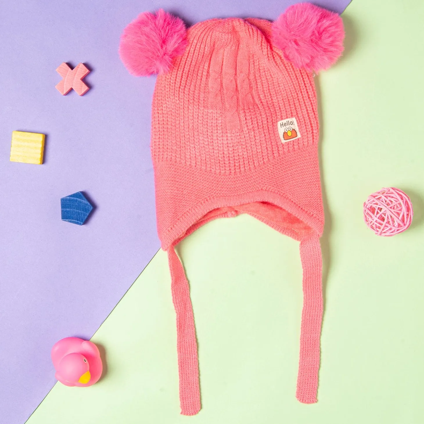 Knit Woollen Cap With Tie Knot For Ear Protection Solid Pink