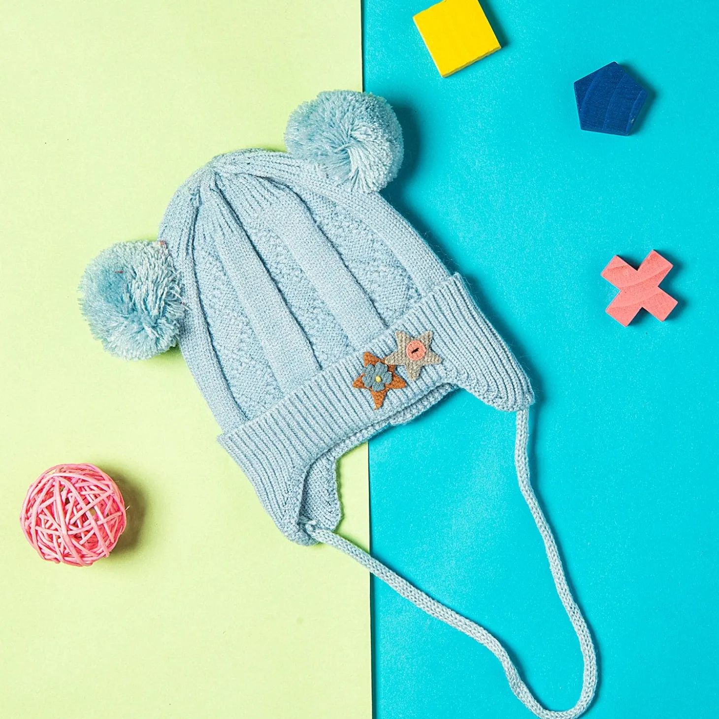 Knit Woollen Cap With Tie For Ear Cover Starry Pom Pom Blue