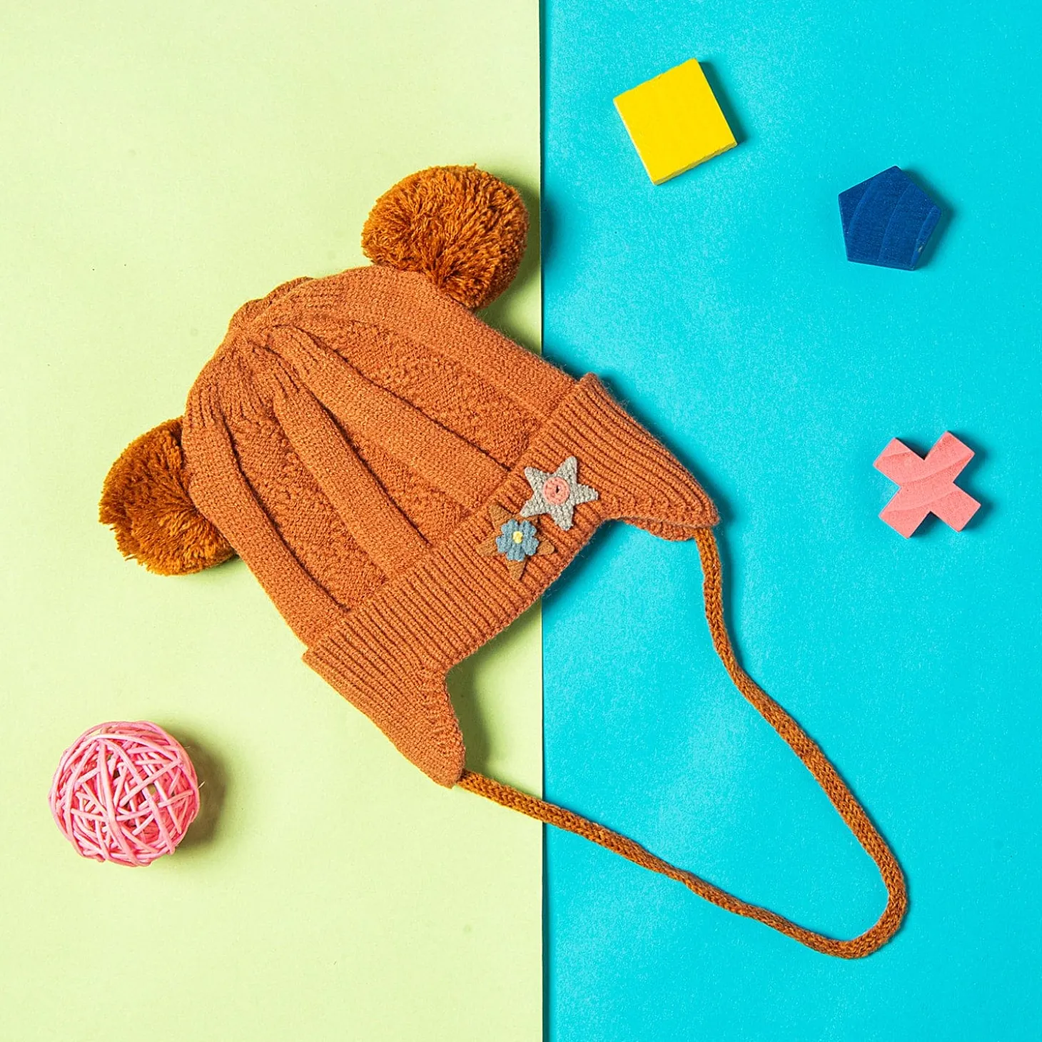 Knit Woollen Cap With Tie For Ear Cover Starry Pom Pom Brown