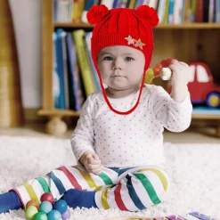 Knit Woollen Cap With Tie For Ear Cover Starry Pom Pom Red