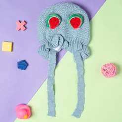Knit Woollen Cap With Tie Knot For Ear Cover Watermelon Blue