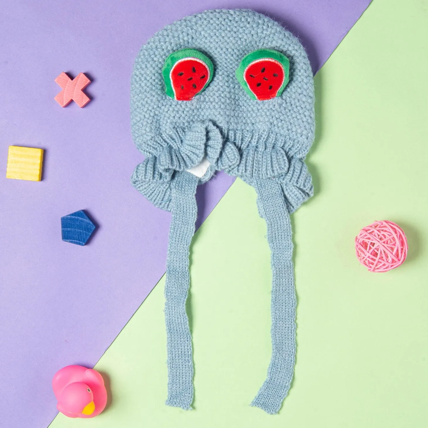Knit Woollen Cap With Tie Knot For Ear Cover Watermelon Blue