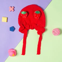Knit Woollen Cap With Tie Knot For Ear Cover Strawberry Red