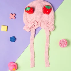 Knit Woollen Cap With Tie Knot For Ear Cover Strawberry Pink