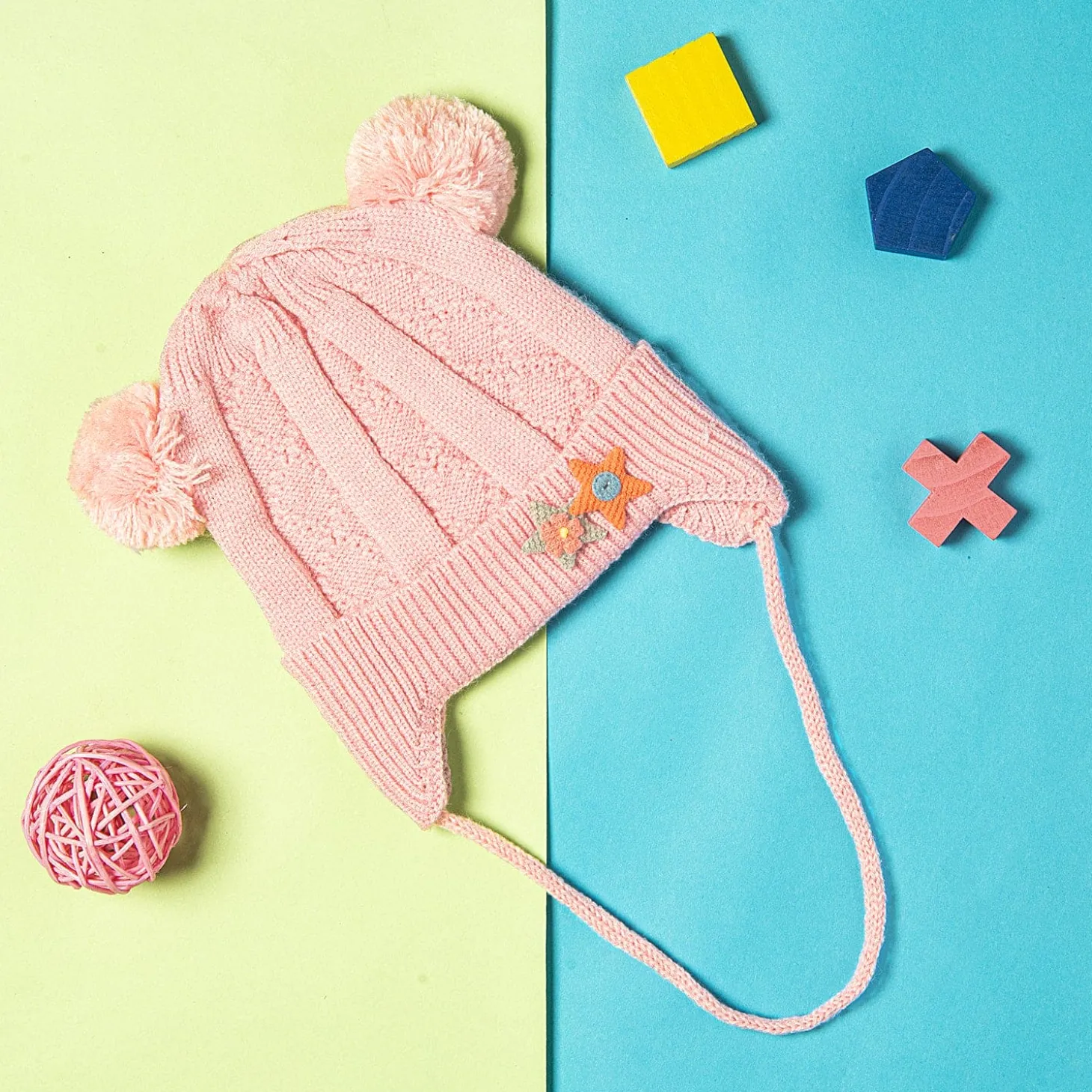 Knit Woollen Cap With Tie For Ear Cover Starry Pom Pom Pink