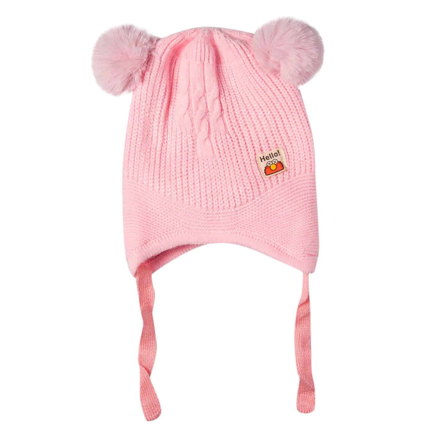 Knit Woollen Cap With Tie Knot For Ear Protection Solid Light Pink