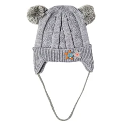 Knit Woollen Cap With Tie For Ear Cover Starry Pom Pom Grey