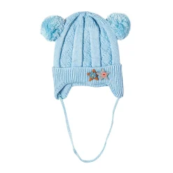Knit Woollen Cap With Tie For Ear Cover Starry Pom Pom Blue