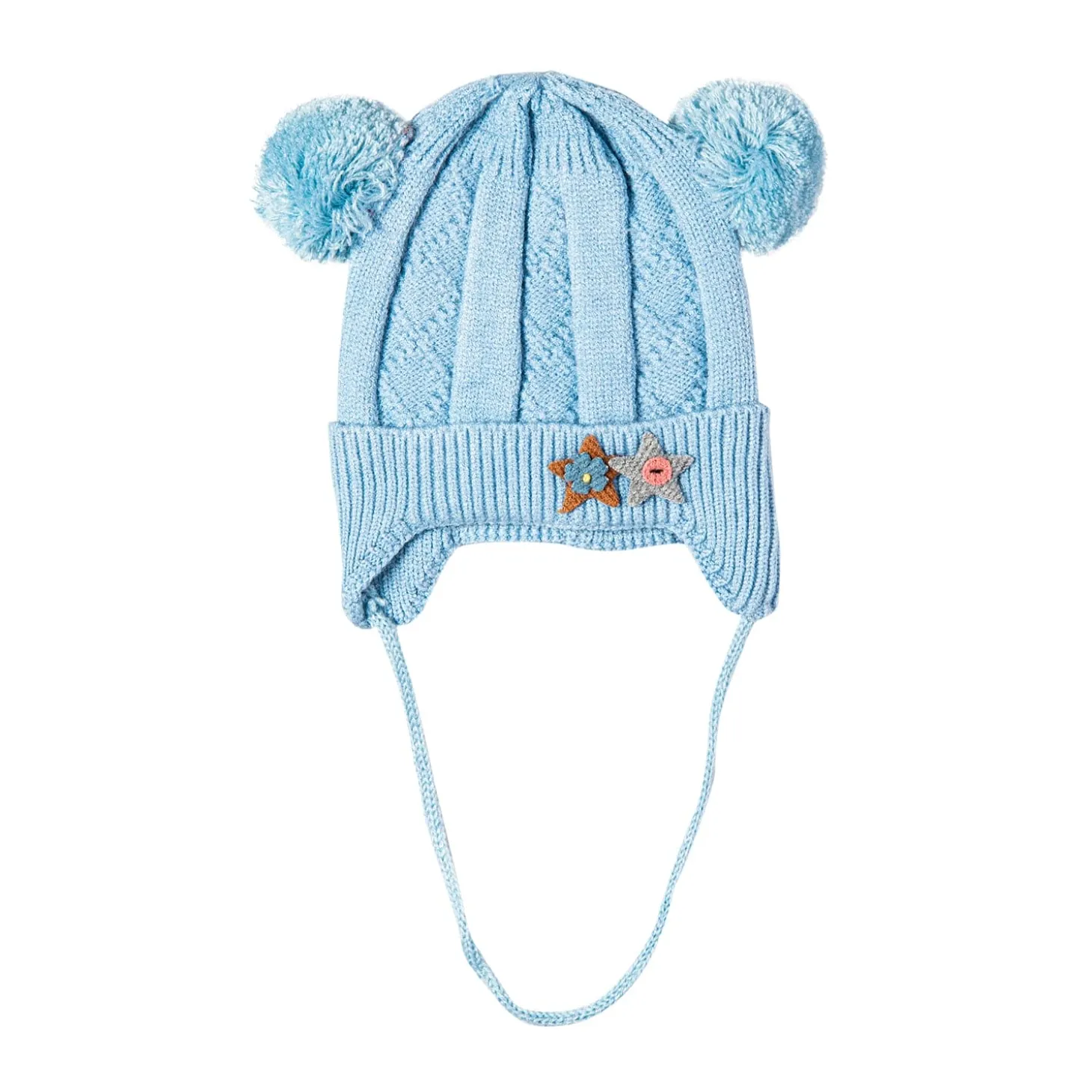 Knit Woollen Cap With Tie For Ear Cover Starry Pom Pom Blue