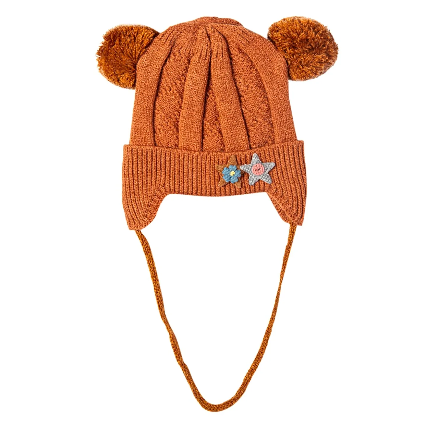 Knit Woollen Cap With Tie For Ear Cover Starry Pom Pom Brown