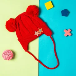 Knit Woollen Cap With Tie For Ear Cover Starry Pom Pom Red