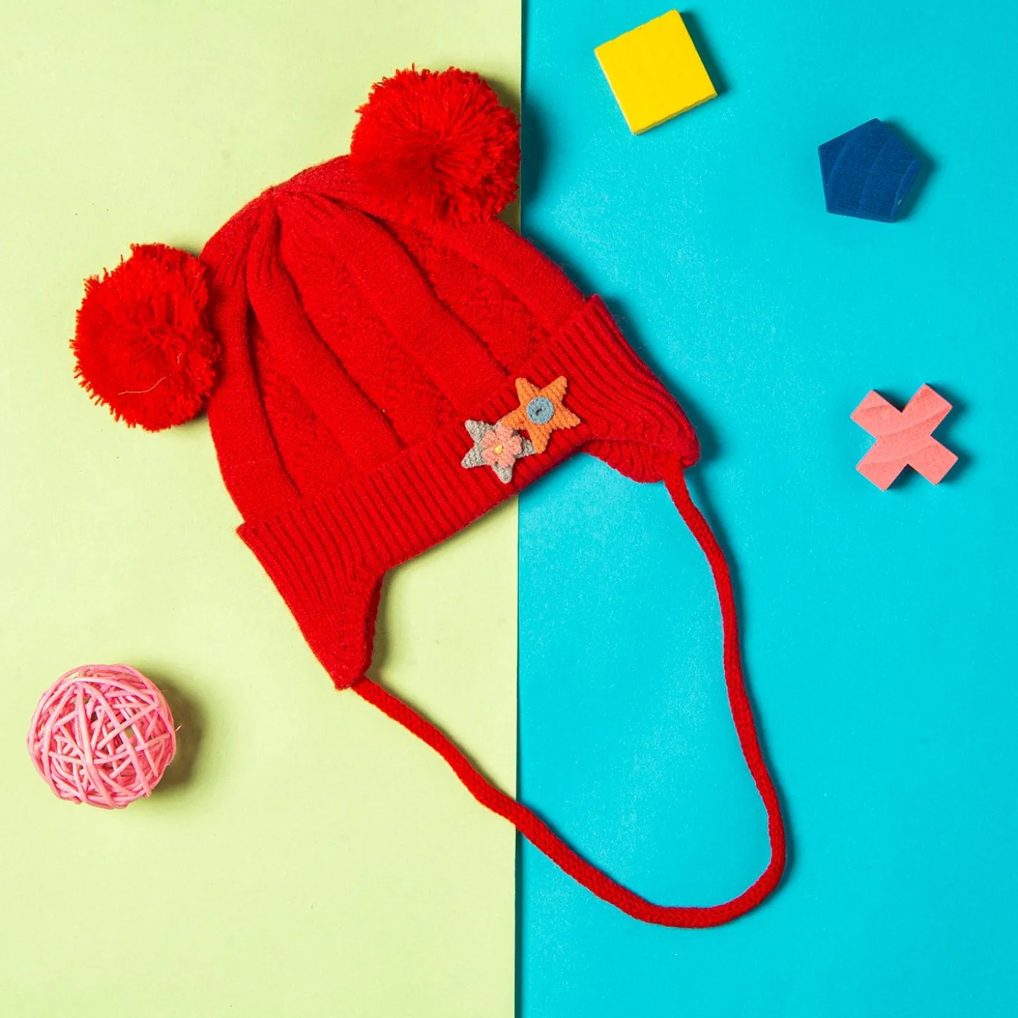 Knit Woollen Cap With Tie For Ear Cover Starry Pom Pom Red