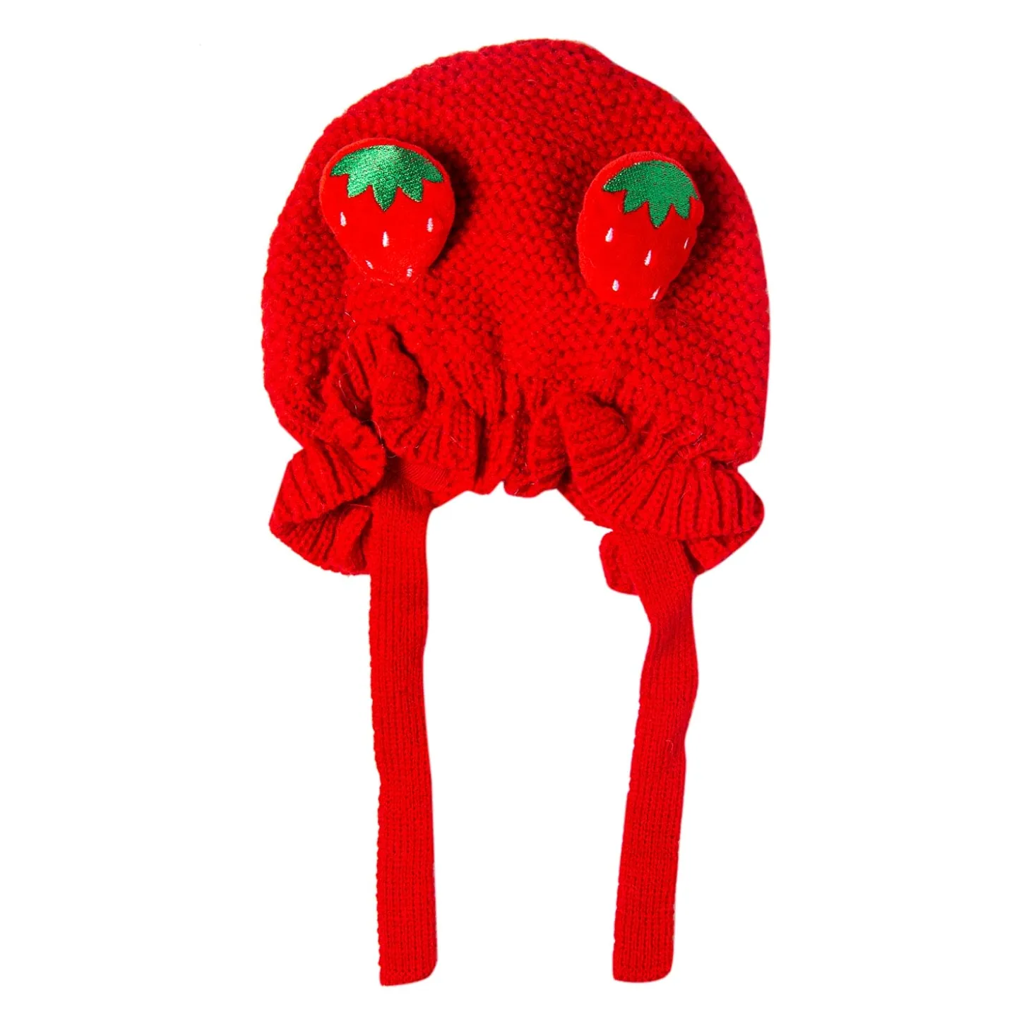 Knit Woollen Cap With Tie Knot For Ear Cover Strawberry Red