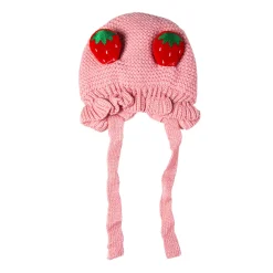 Knit Woollen Cap With Tie Knot For Ear Cover Strawberry Pink