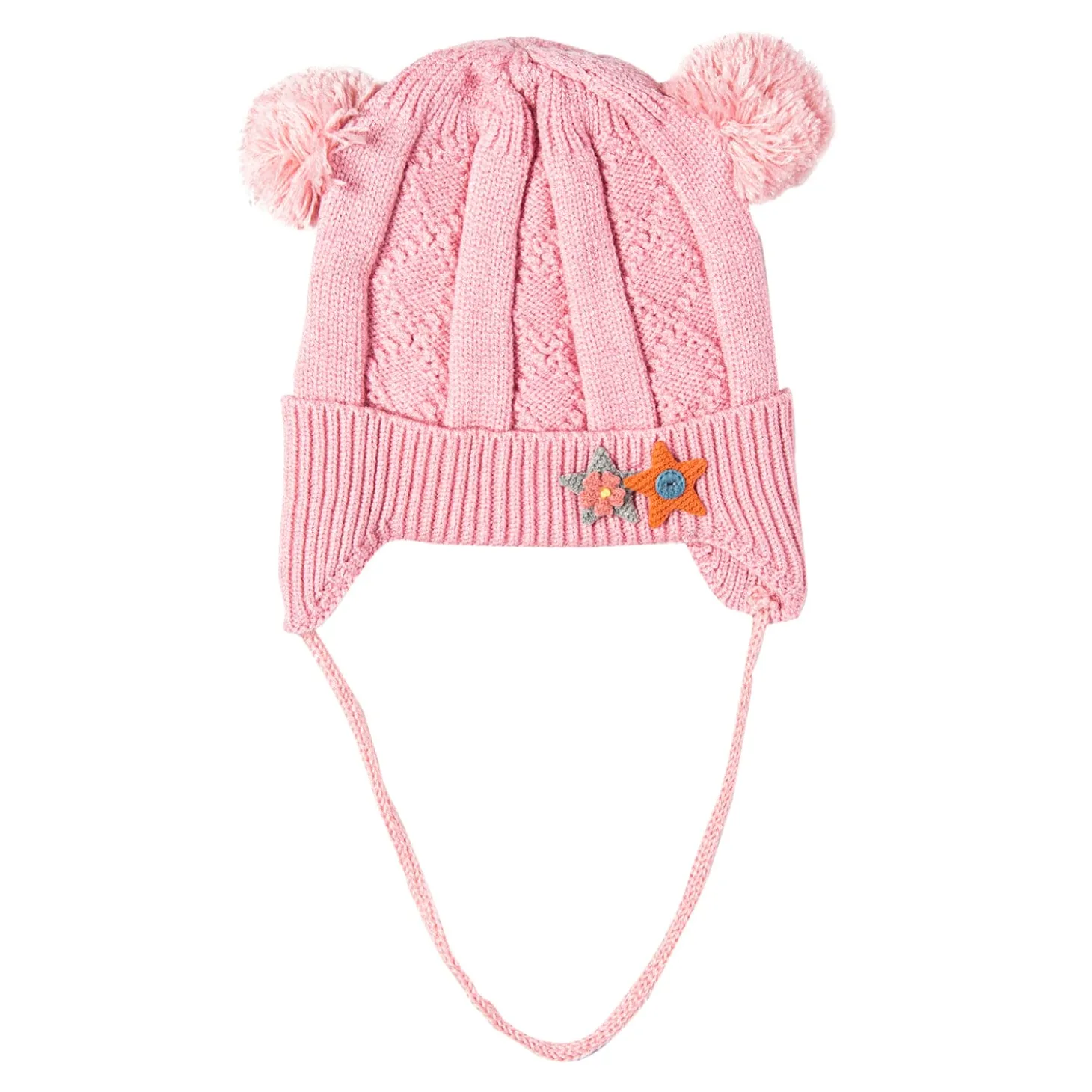 Knit Woollen Cap With Tie For Ear Cover Starry Pom Pom Pink