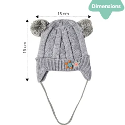 Knit Woollen Cap With Tie For Ear Cover Starry Pom Pom Grey