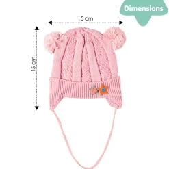 Knit Woollen Cap With Tie For Ear Cover Starry Pom Pom Pink