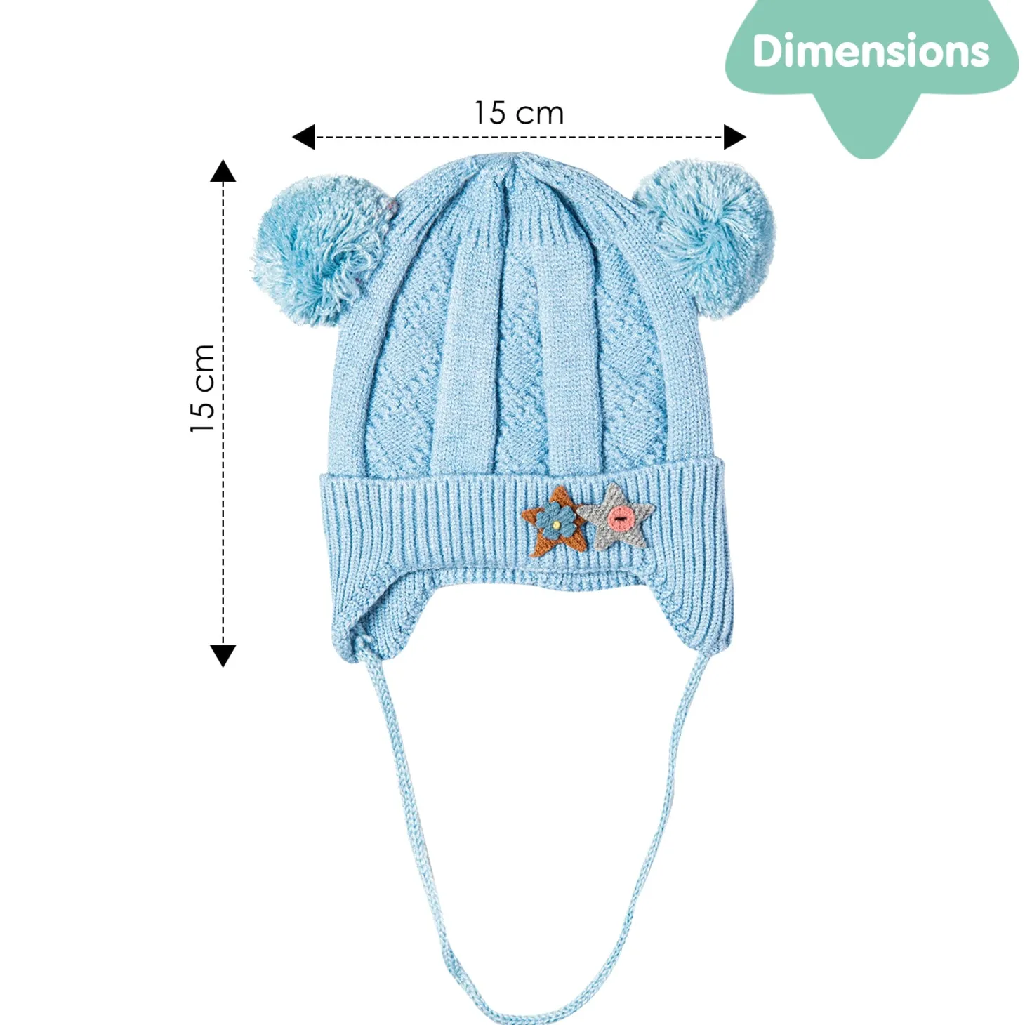 Knit Woollen Cap With Tie For Ear Cover Starry Pom Pom Blue