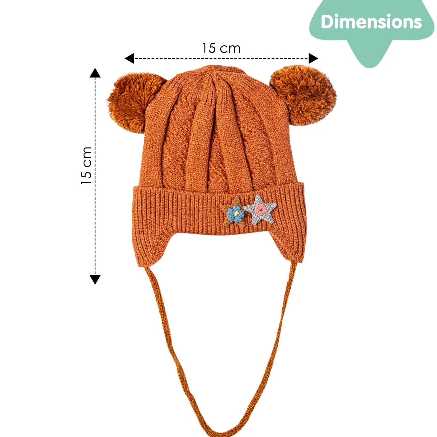 Knit Woollen Cap With Tie For Ear Cover Starry Pom Pom Brown