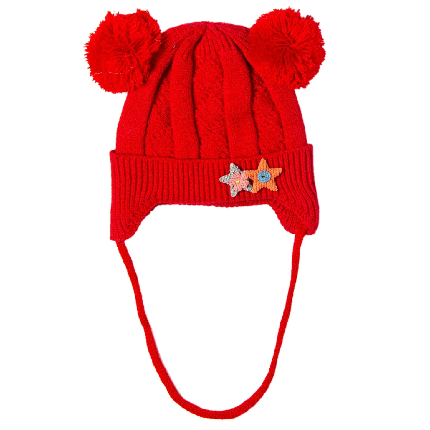 Knit Woollen Cap With Tie For Ear Cover Starry Pom Pom Red