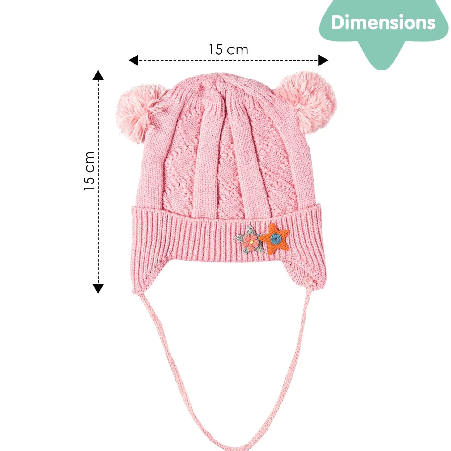 Knit Woollen Cap With Tie For Ear Cover Starry Pom Pom Pink