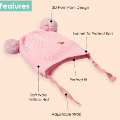 Knit Woollen Cap With Tie Knot For Ear Protection Solid Light Pink