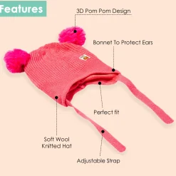 Knit Woollen Cap With Tie Knot For Ear Protection Solid Pink