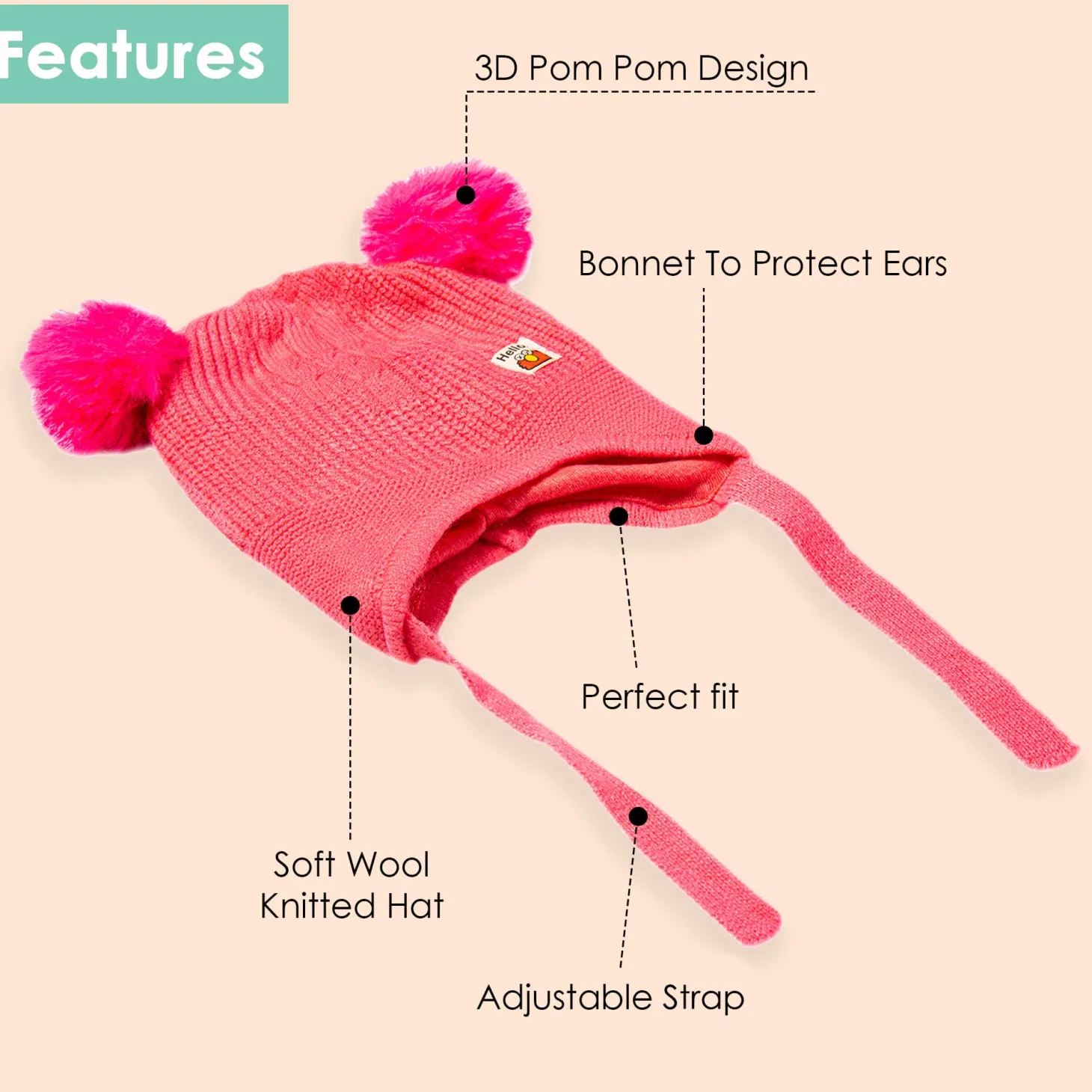 Knit Woollen Cap With Tie Knot For Ear Protection Solid Pink