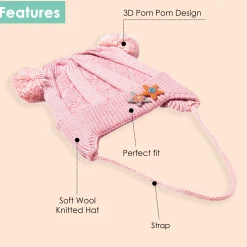 Knit Woollen Cap With Tie For Ear Cover Starry Pom Pom Pink