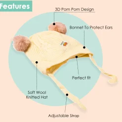 Knit Woollen Cap With Tie Knot For Ear Protection Solid Cream