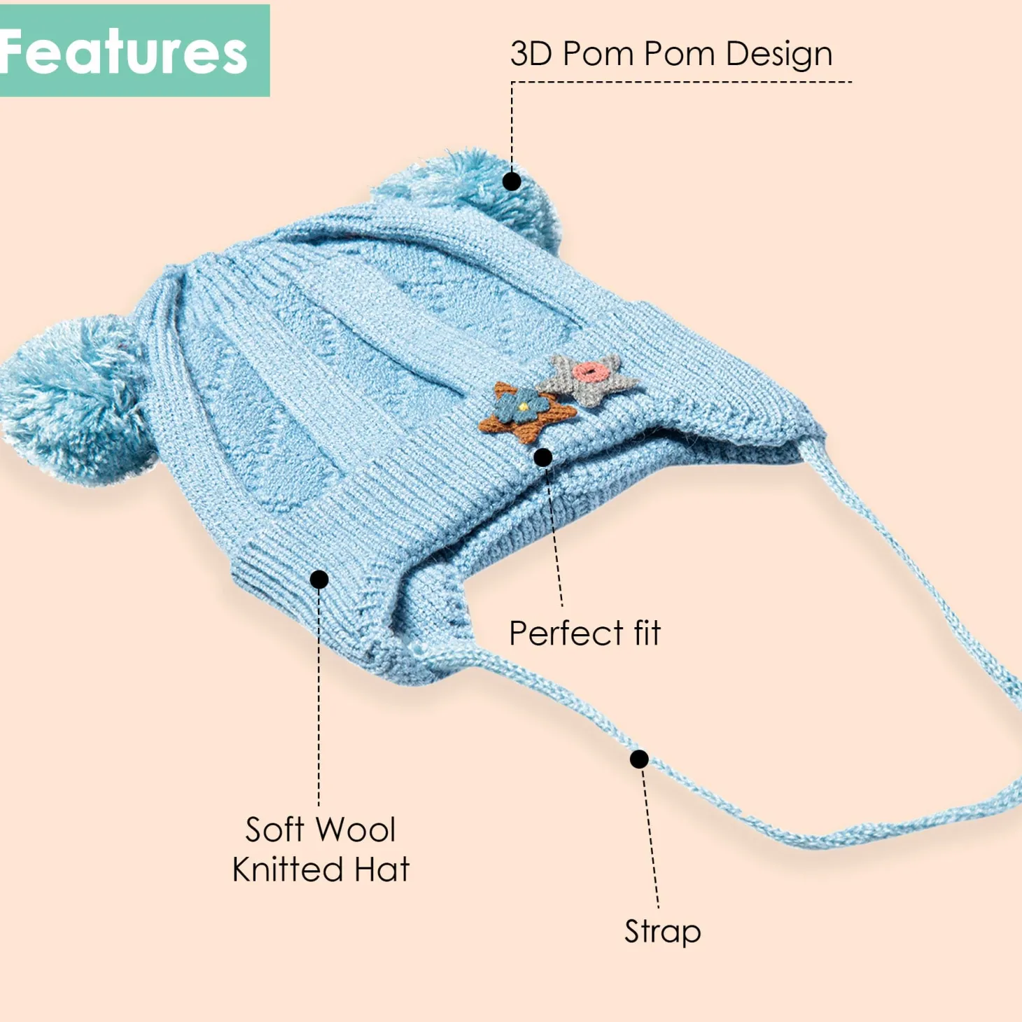 Knit Woollen Cap With Tie For Ear Cover Starry Pom Pom Blue