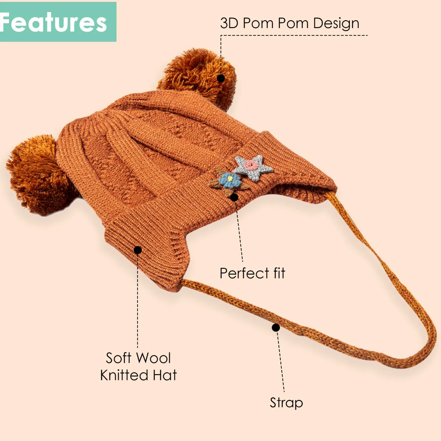 Knit Woollen Cap With Tie For Ear Cover Starry Pom Pom Brown