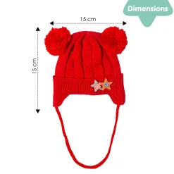 Knit Woollen Cap With Tie For Ear Cover Starry Pom Pom Red