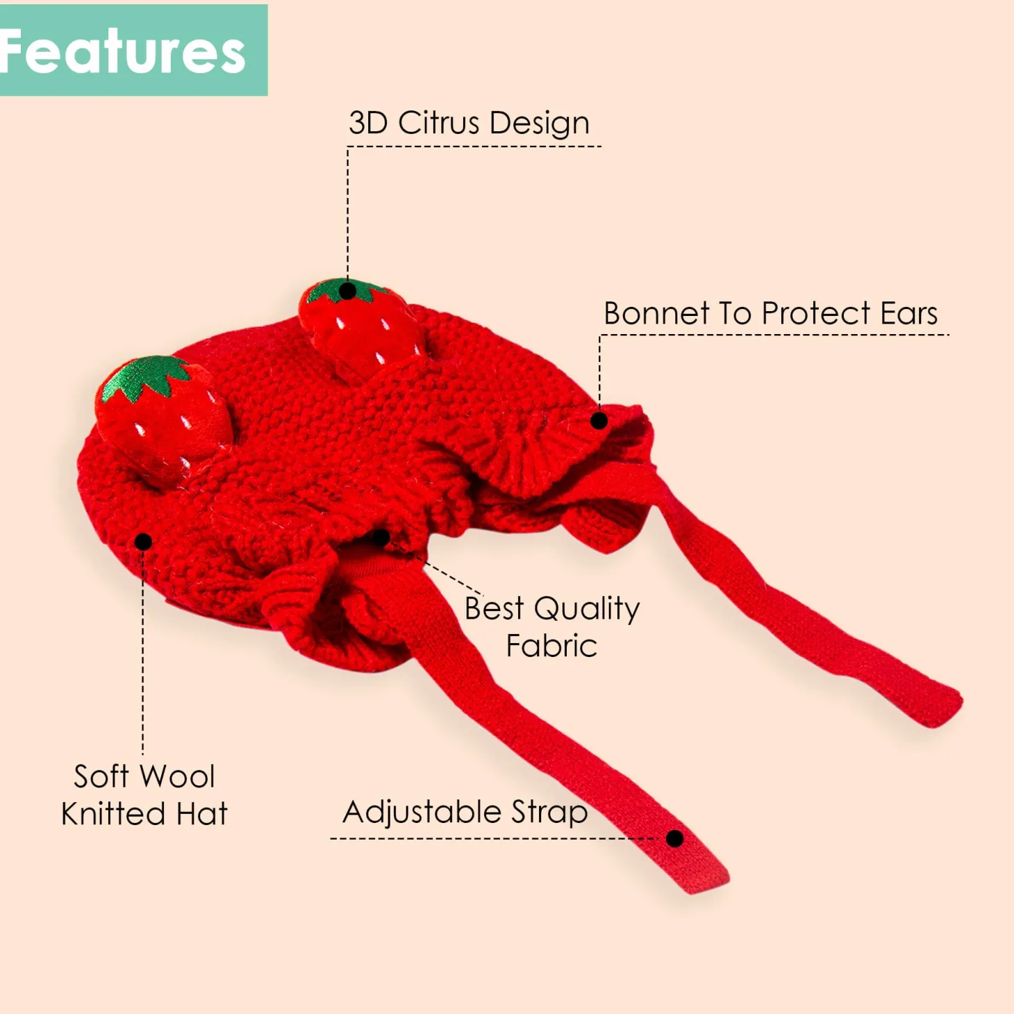 Knit Woollen Cap With Tie Knot For Ear Cover Strawberry Red