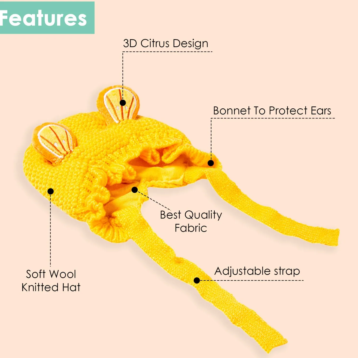 Knit Woollen Cap With Tie Knot For Ear Cover Citrus Yellow