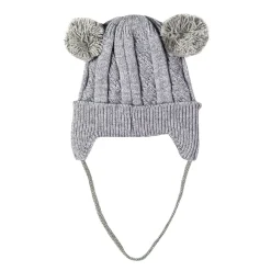 Knit Woollen Cap With Tie For Ear Cover Starry Pom Pom Grey