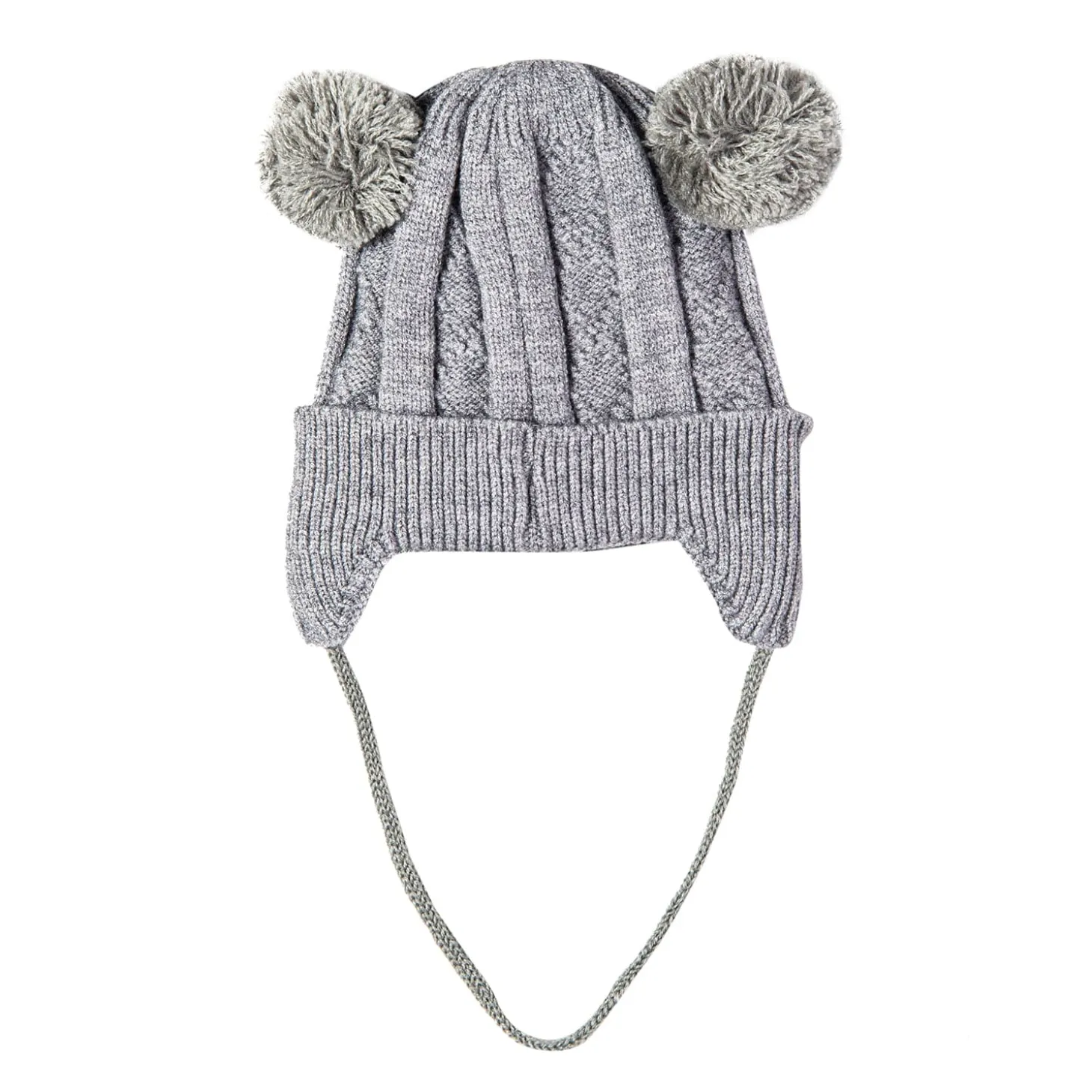 Knit Woollen Cap With Tie For Ear Cover Starry Pom Pom Grey