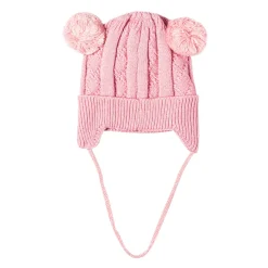 Knit Woollen Cap With Tie For Ear Cover Starry Pom Pom Pink