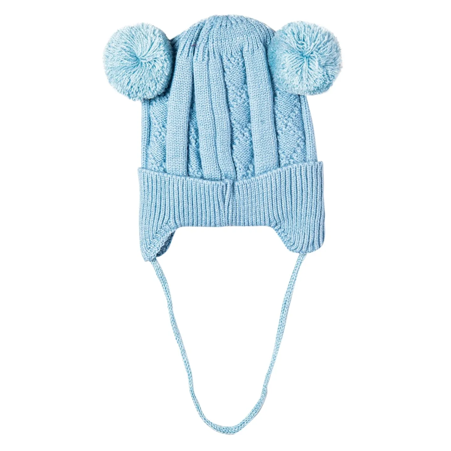 Knit Woollen Cap With Tie For Ear Cover Starry Pom Pom Blue