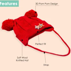 Knit Woollen Cap With Tie For Ear Cover Starry Pom Pom Red