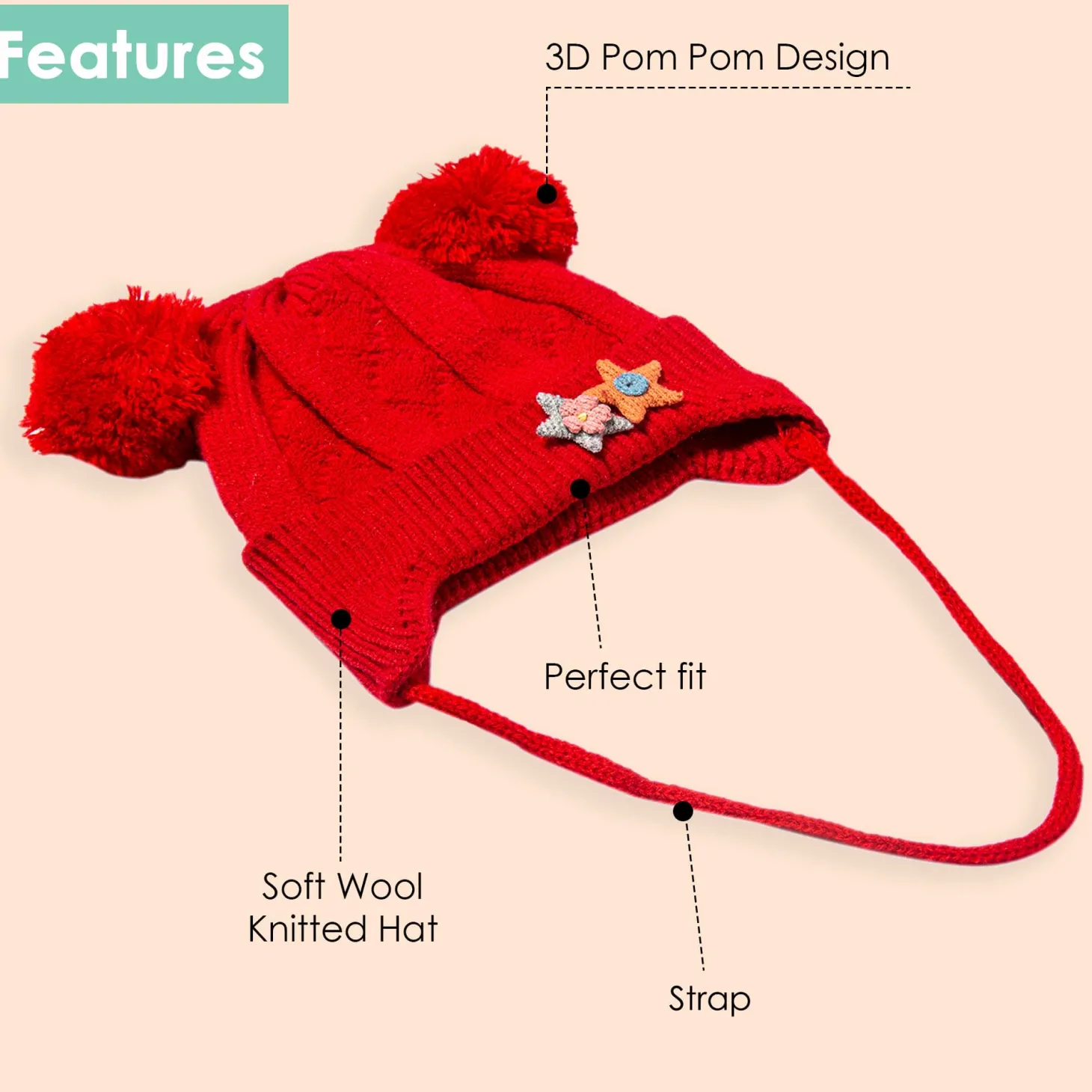 Knit Woollen Cap With Tie For Ear Cover Starry Pom Pom Red