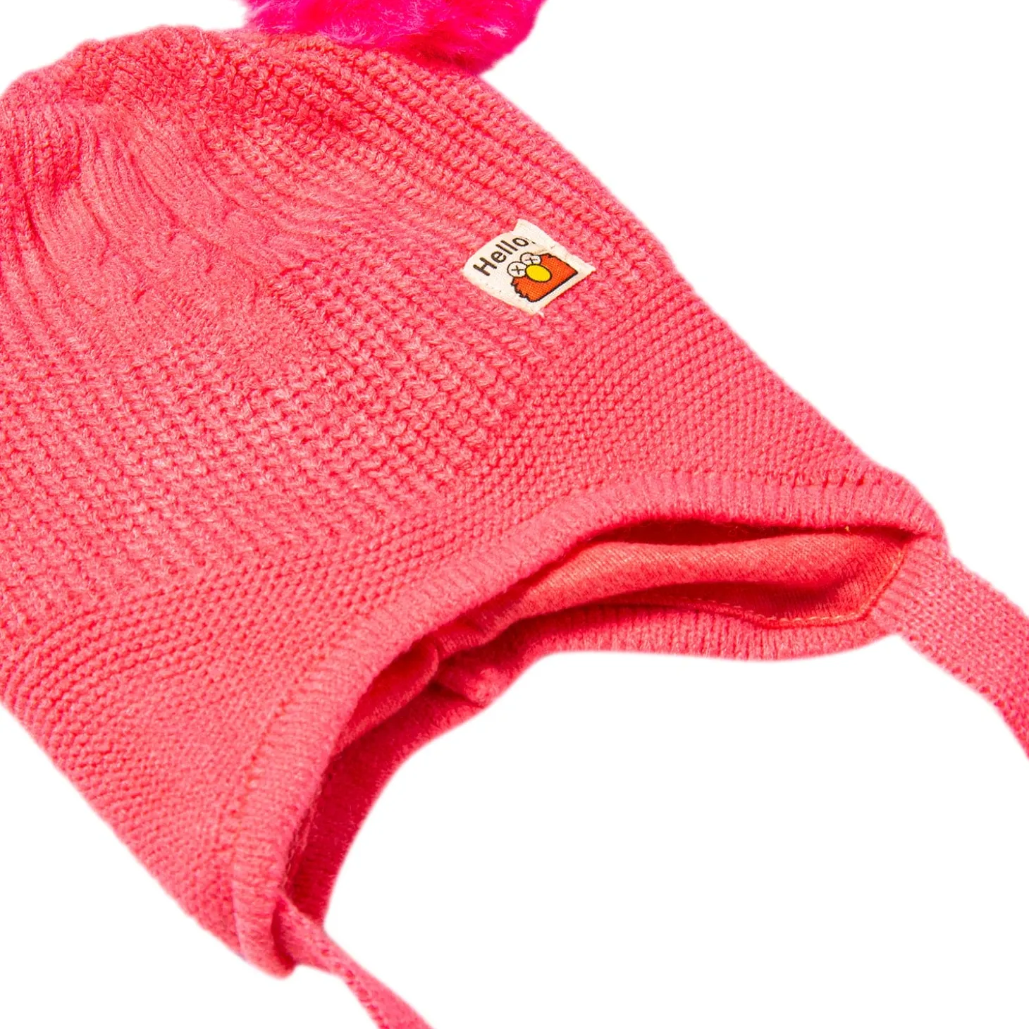 Knit Woollen Cap With Tie Knot For Ear Protection Solid Pink