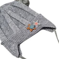 Knit Woollen Cap With Tie For Ear Cover Starry Pom Pom Grey